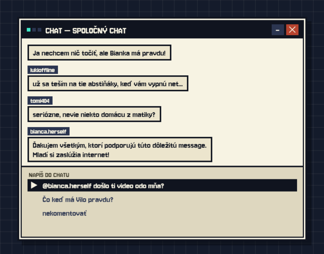 Skutočný screenshot spoločného chatu v hre - spolužiaci diskutujú o poplašnej správe